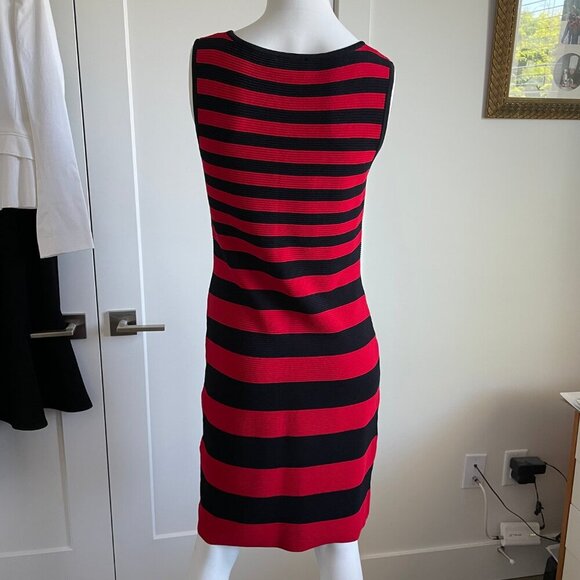 Carmen Marc Valvo Slvless Ribbed Rayon Nylon Knit Striped Dress Red Black Sz M - Picture 5 of 11